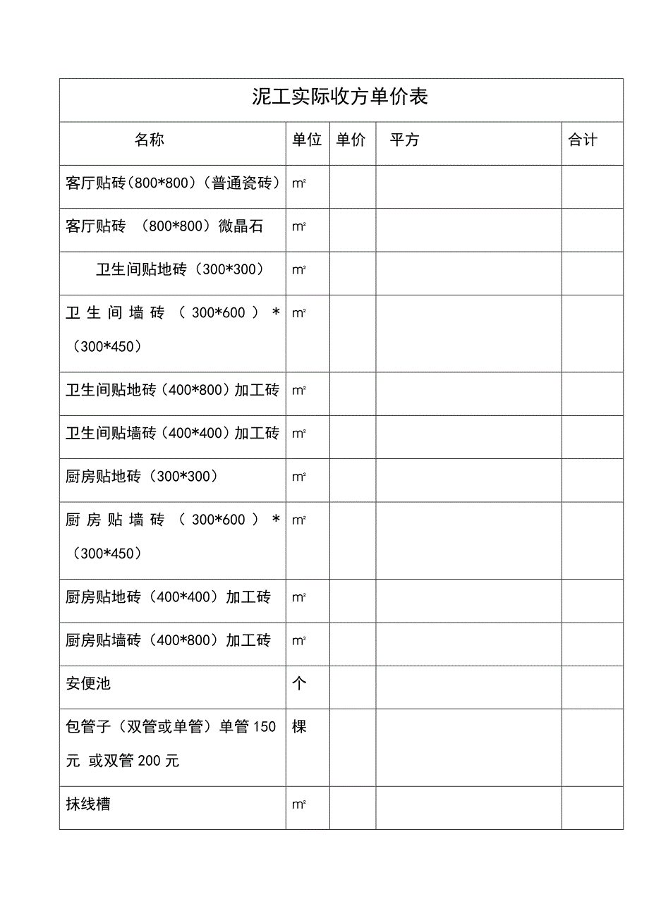 泥工单价表 (2).docx_第1页