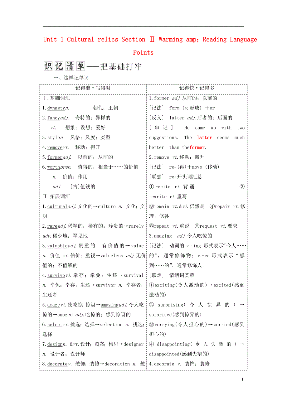 2017-2018学年高中英语unit1culturalrelicssectionⅱwarmingamp；readinglanguagepoints教学案新人教版必修_第1页