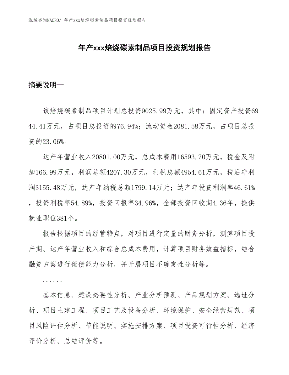 年产xxx焙烧碳素制品项目投资规划报告_第1页