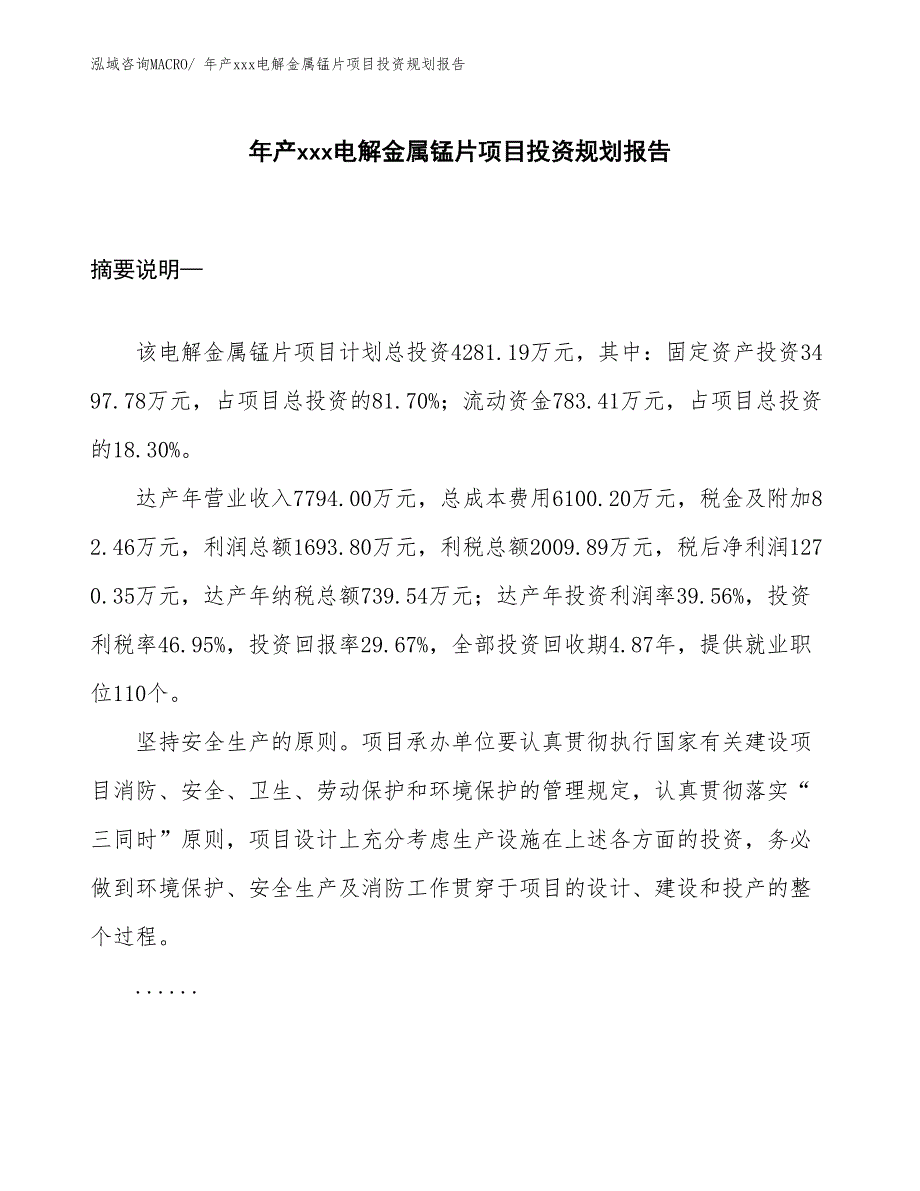 年产xxx电解金属锰片项目投资规划报告_第1页