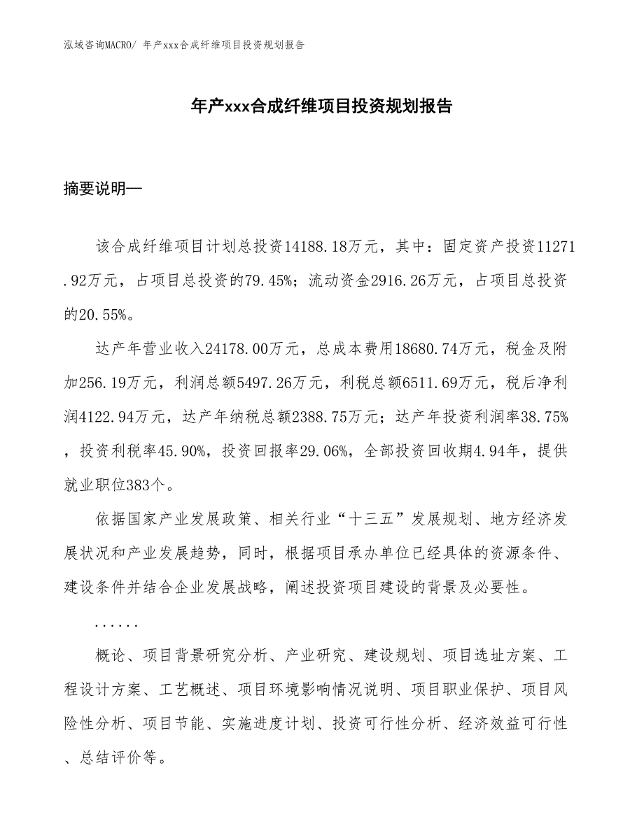 年产xxx合成纤维项目投资规划报告_第1页