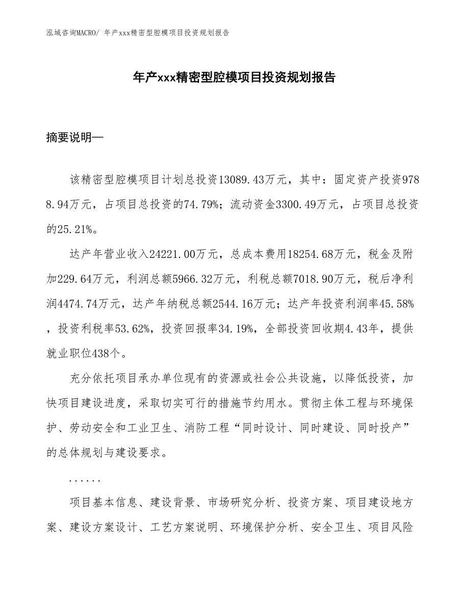 年产xxx精密型腔模项目投资规划报告_第1页