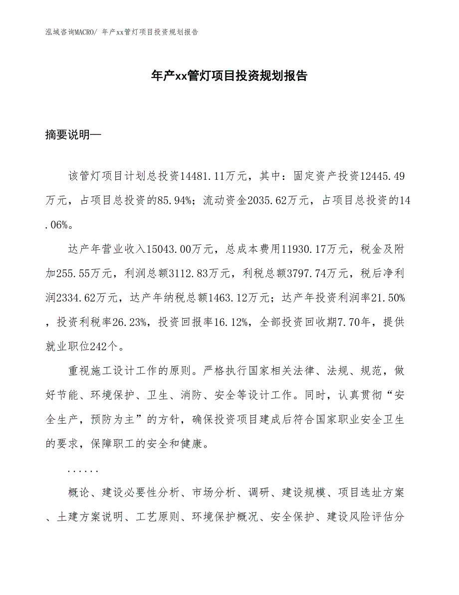 年产xx管灯项目投资规划报告_第1页