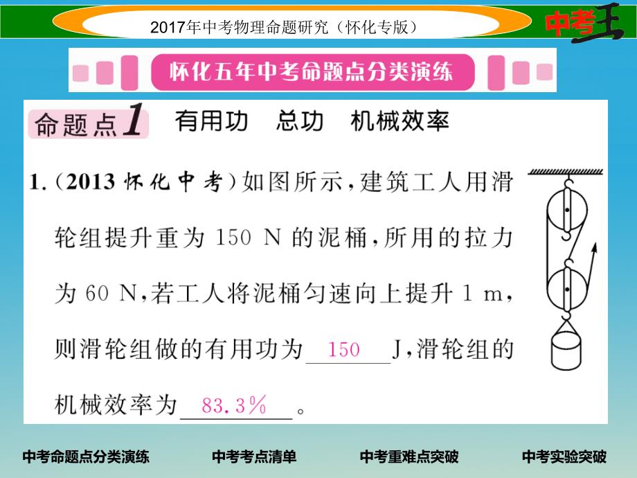 （怀化专版）2018年中考物理命题研究 第一编 教材知识梳理篇 第九讲 简单机械 课时2 机械效率（精讲）课件_第2页