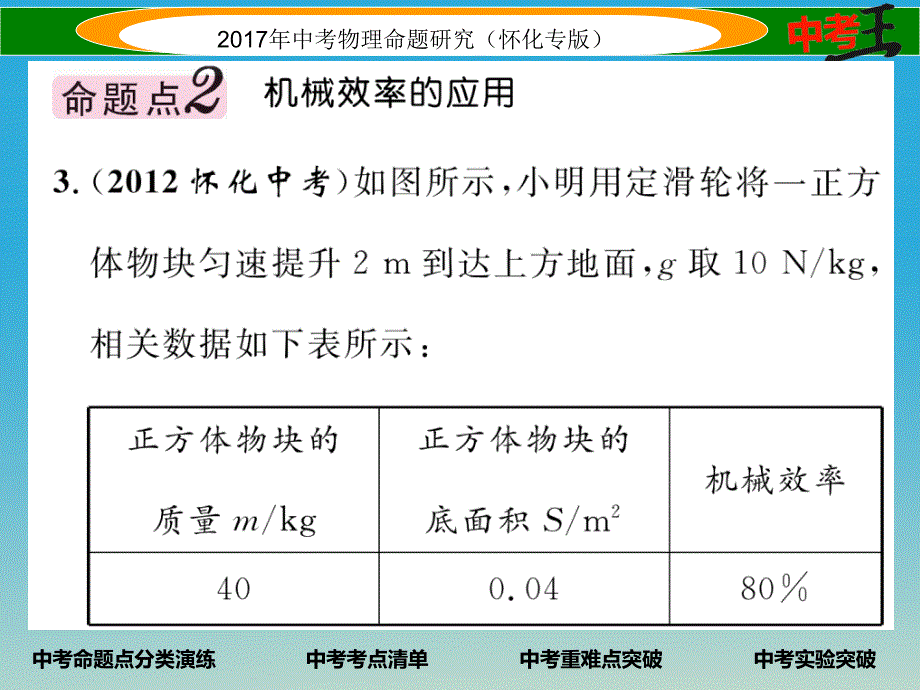 （怀化专版）2018年中考物理命题研究 第一编 教材知识梳理篇 第九讲 简单机械 课时2 机械效率（精讲）课件_第4页