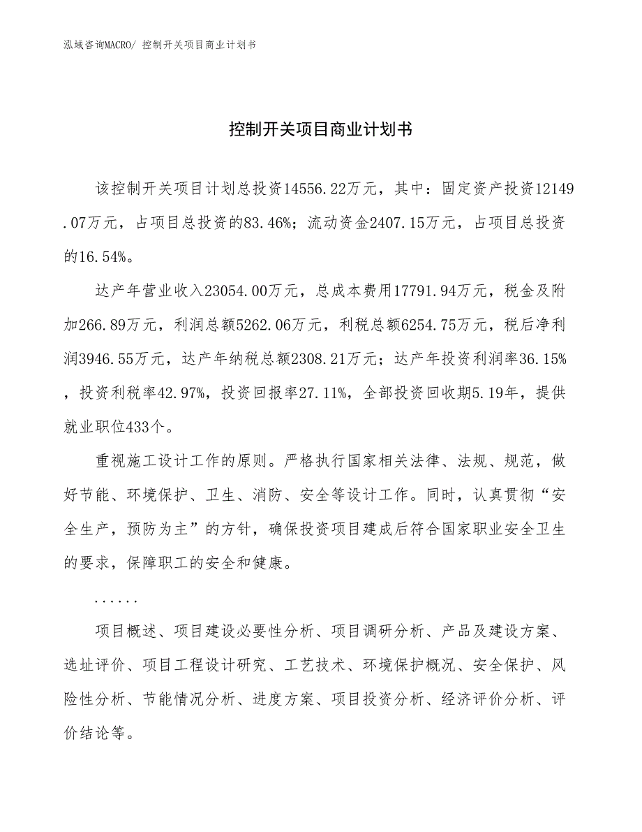 （项目计划）控制开关项目商业计划书_第1页