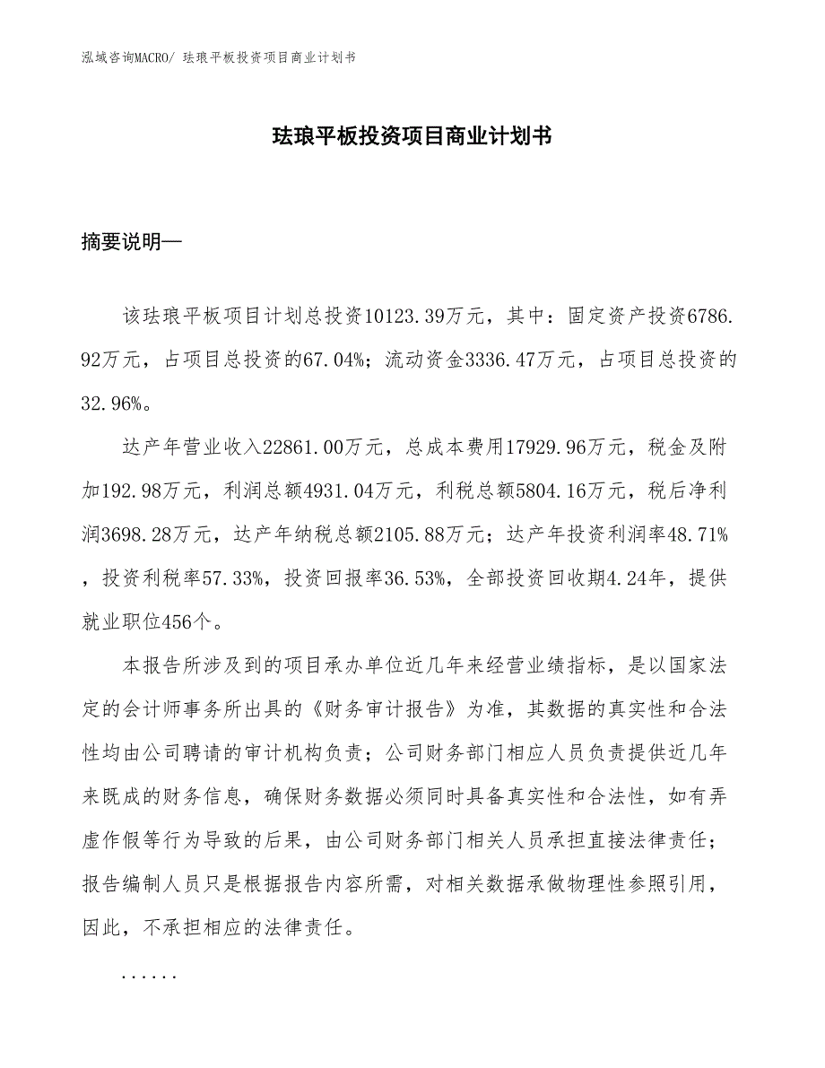 （模板）珐琅平板投资项目商业计划书_第1页