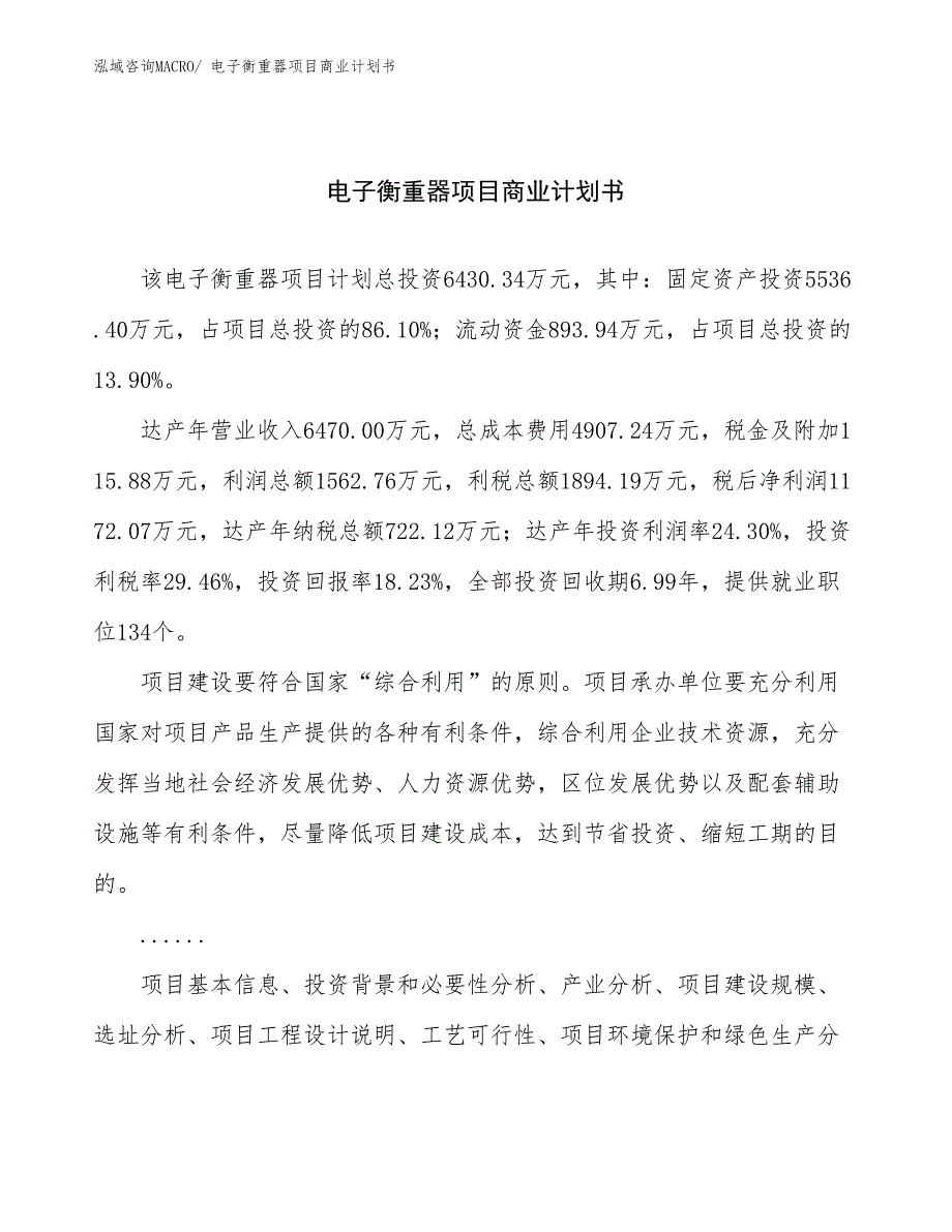 （创业）电子衡重器项目商业计划书_第1页