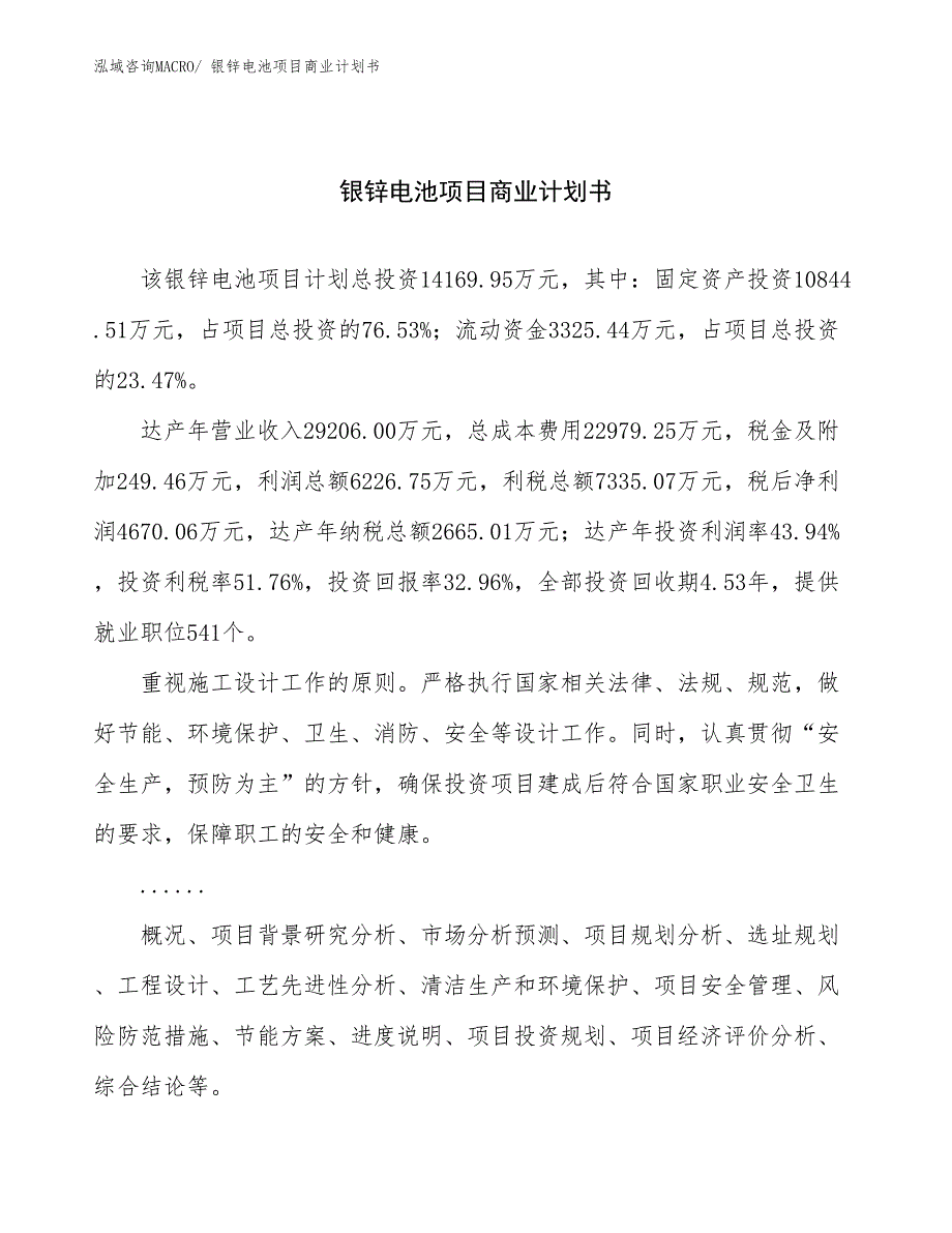 （融资）银锌电池项目商业计划书_第1页