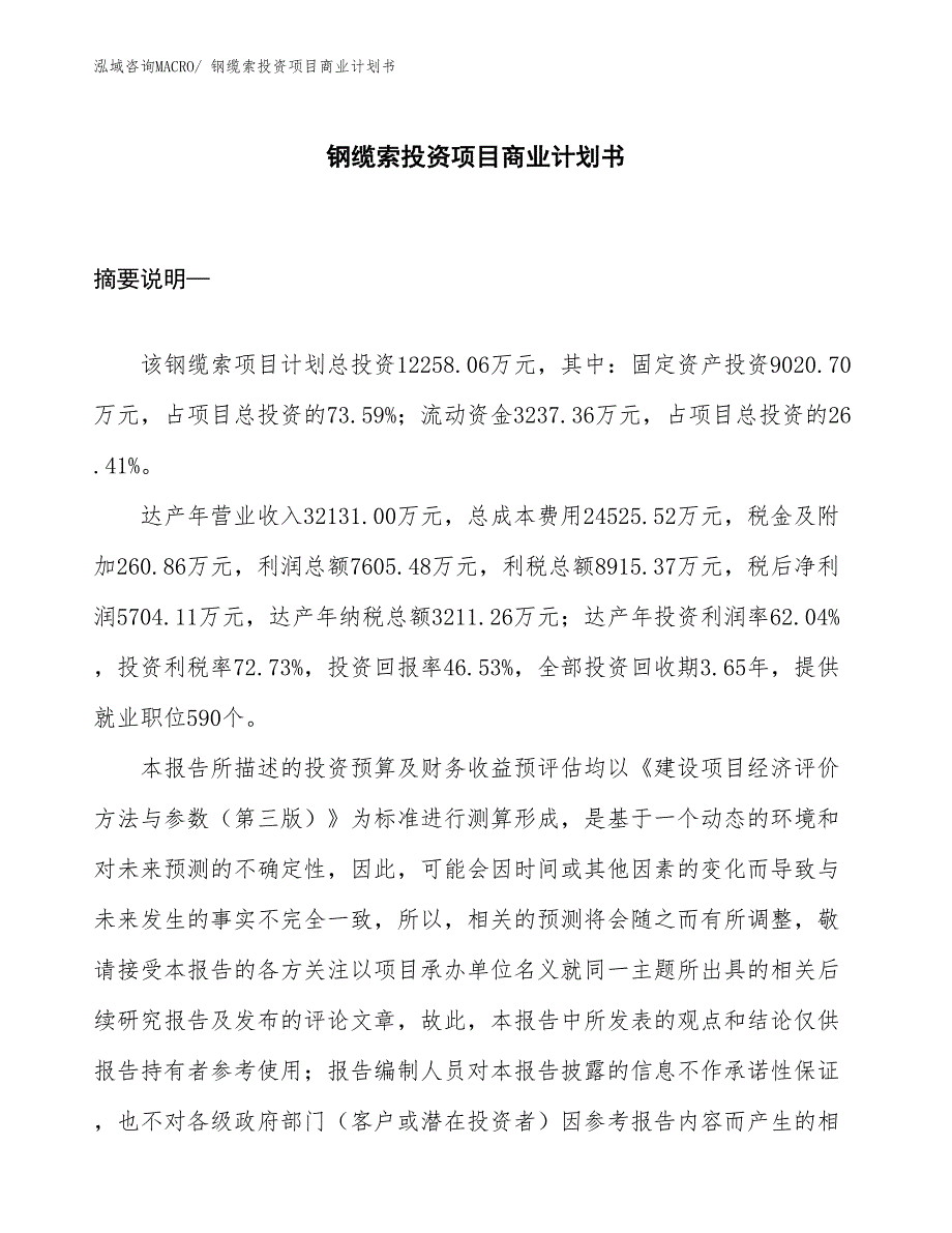 （申请资料）钢缆索投资项目商业计划书_第1页