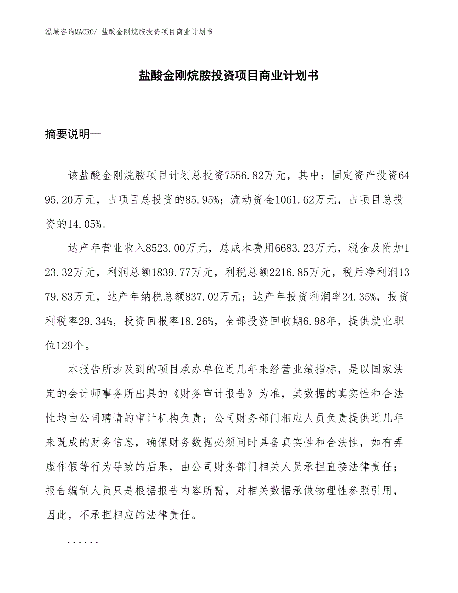 （参考）盐酸金刚烷胺投资项目商业计划书_第1页