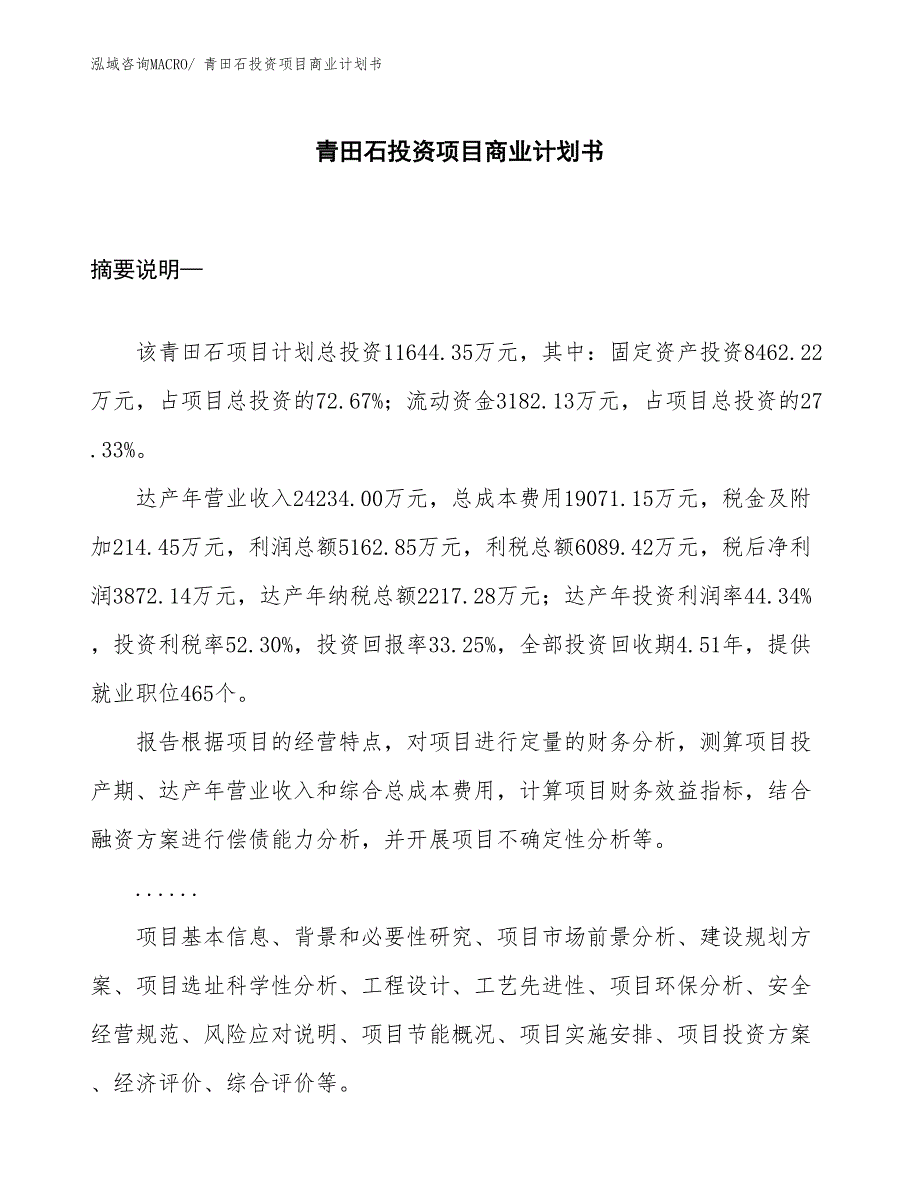 （申请资料）青田石投资项目商业计划书_第1页