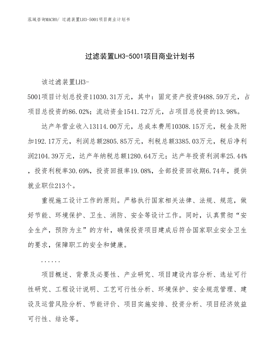 （项目计划）过滤装置LH3-5001项目商业计划书_第1页