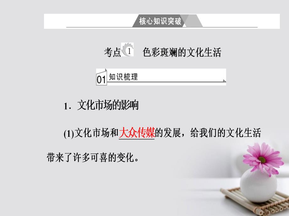 2018-2019学年高考政治一轮复习文化与生活专题十二发展中国特色社会主义文化考点1色彩斑斓的文化生活课件_第4页