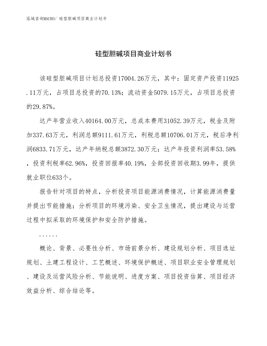 （项目计划）硅型胆碱项目商业计划书_第1页