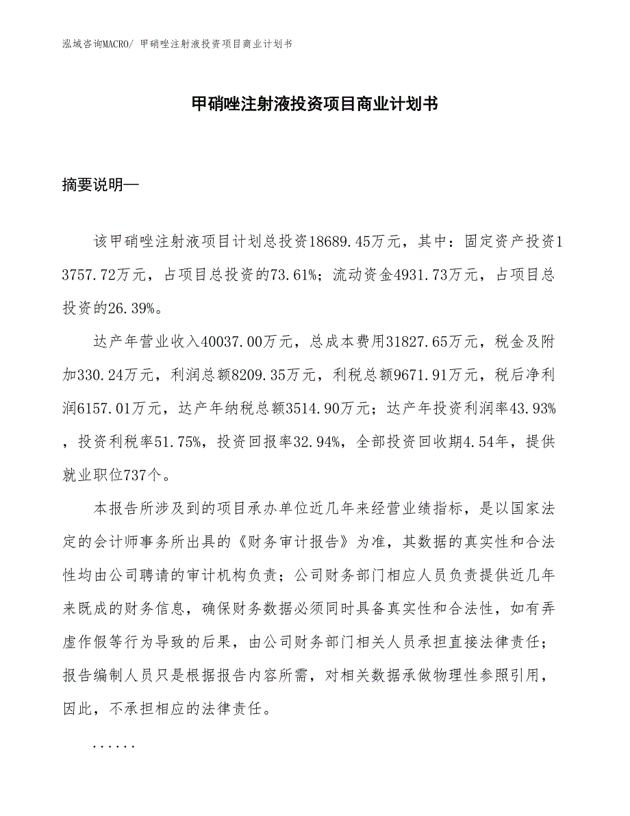 （申请资料）甲硝唑注射液投资项目商业计划书_第1页