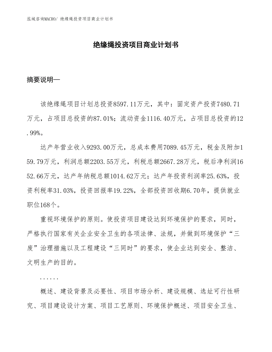 （汇报资料）绝缘绳投资项目商业计划书_第1页