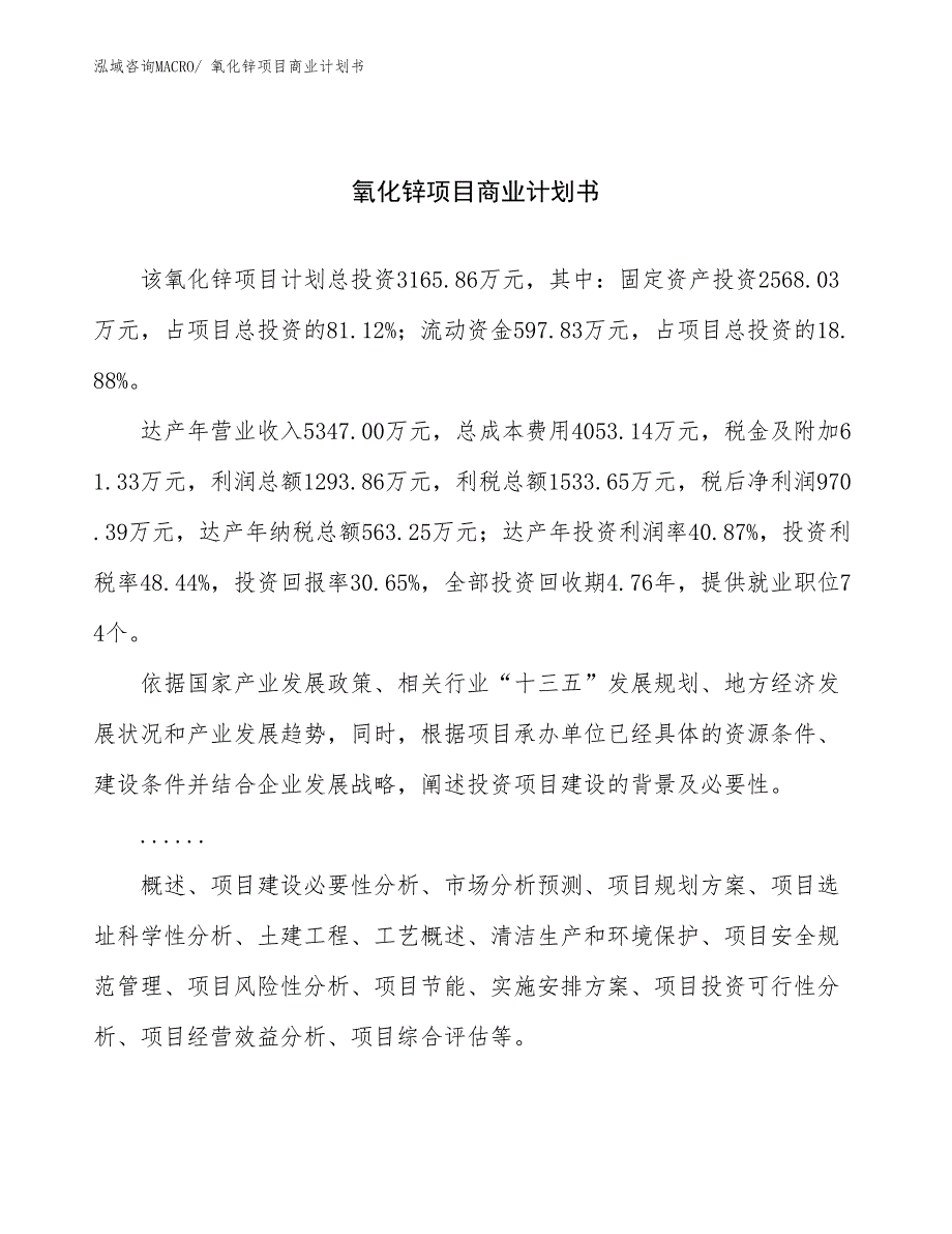 （项目计划）氧化锌项目商业计划书_第1页