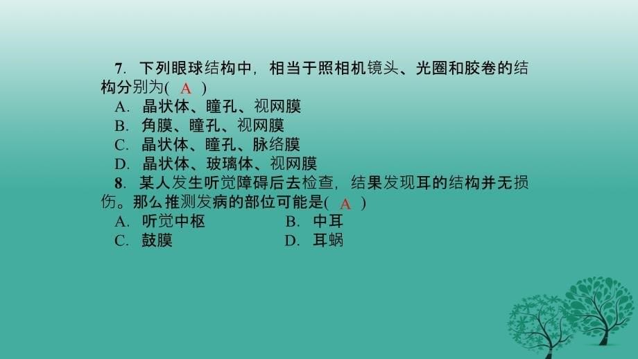 2018春七年级生物下册 周周清7 检测内容：第六章 第一至二节 人体对外界环境的感知、神经系统的组成课件 新人教版_第5页