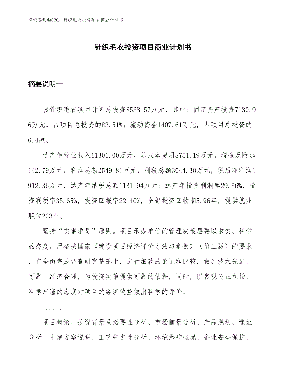 （参考）针织毛衣投资项目商业计划书_第1页