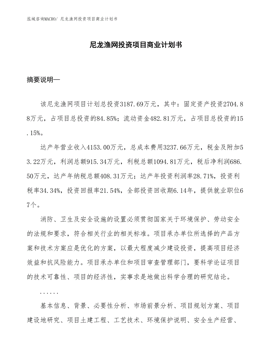 （准备资料）尼龙渔网投资项目商业计划书_第1页