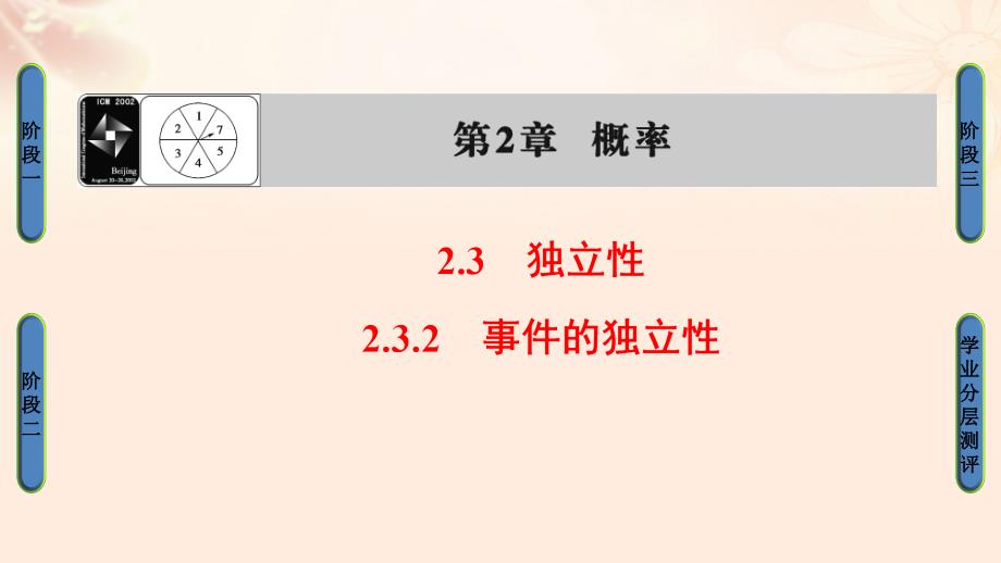 2018-2019学年高中数学 第二章 概率 2.3.2 事件的独立性课件 苏教版选修2-3_第1页