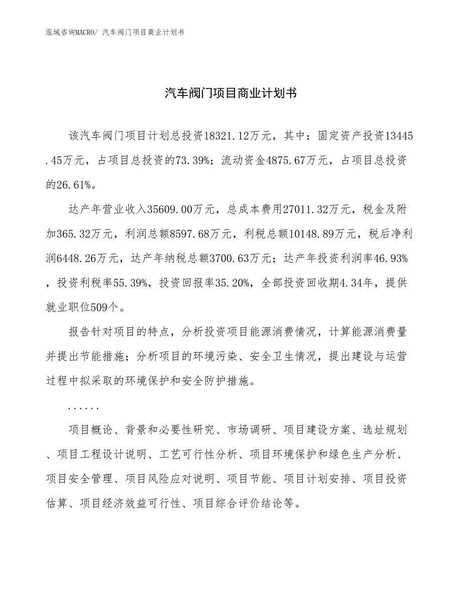 （创业）汽车阀门项目商业计划书_第1页