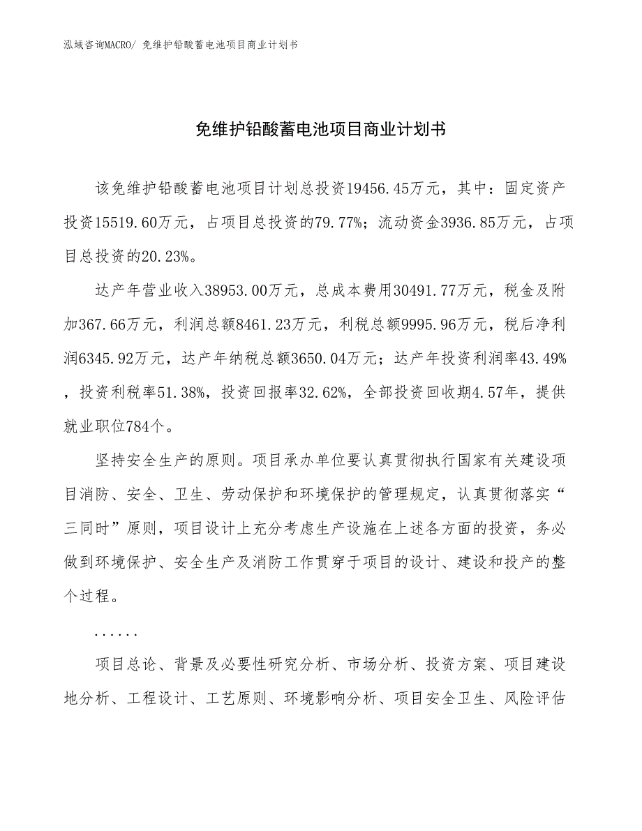 （创业）免维护铅酸蓄电池项目商业计划书_第1页