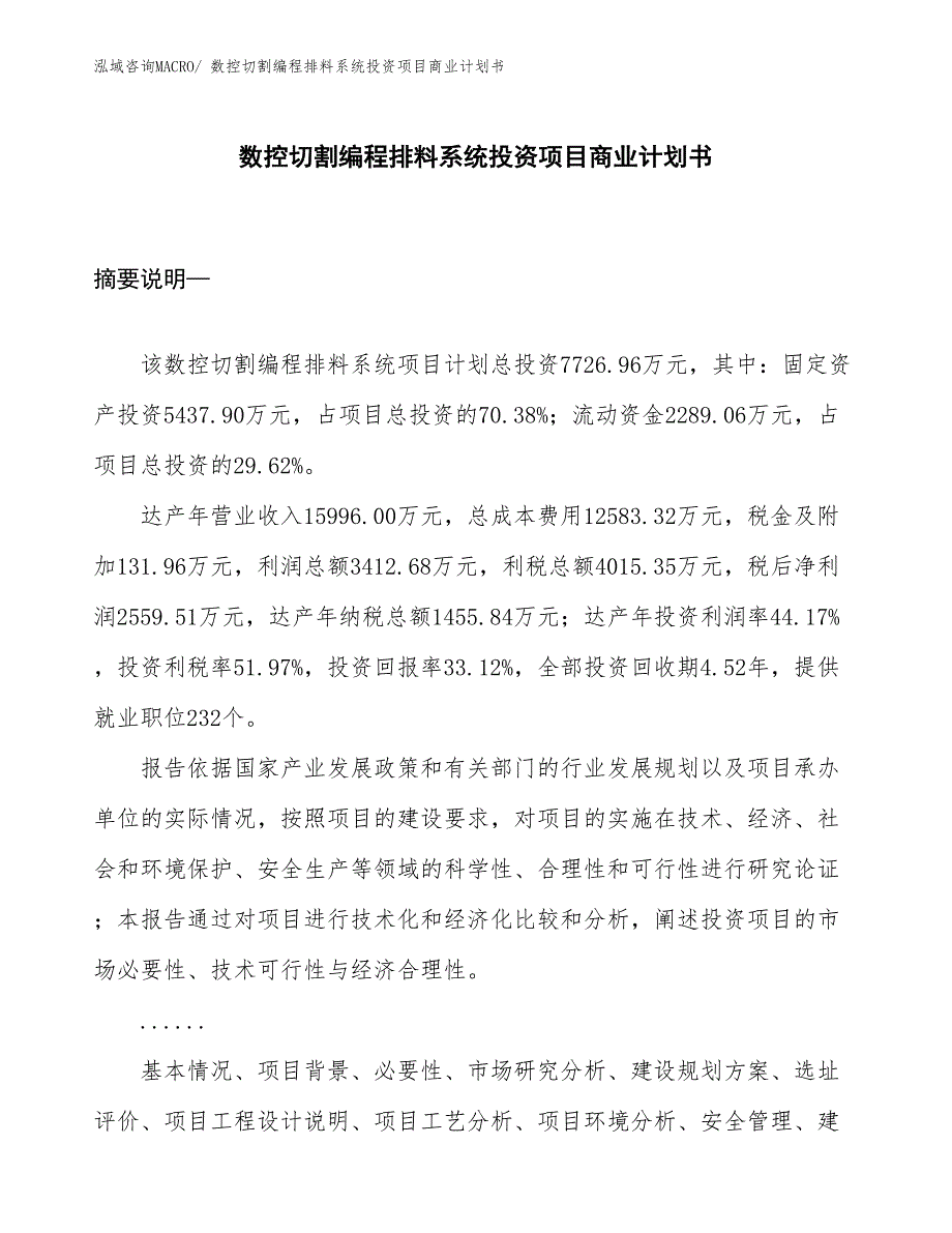 （参考）数控切割编程排料系统投资项目商业计划书_第1页