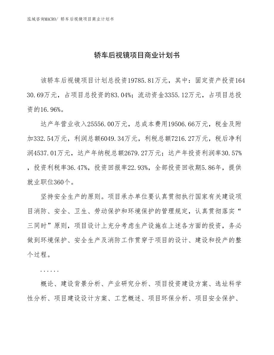 （融资）轿车后视镜项目商业计划书_第1页