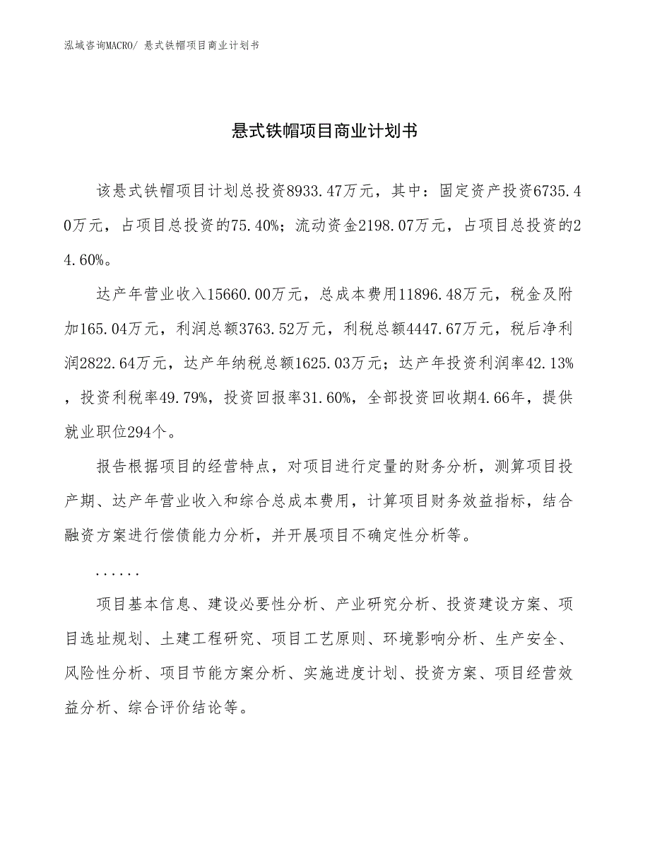 （项目说明）悬式铁帽项目商业计划书_第1页