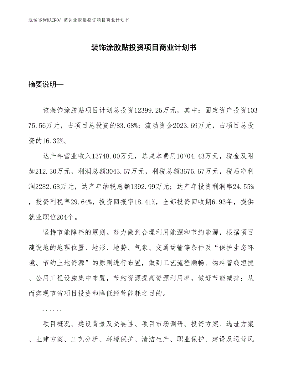 （汇报资料）装饰涂胶贴投资项目商业计划书_第1页