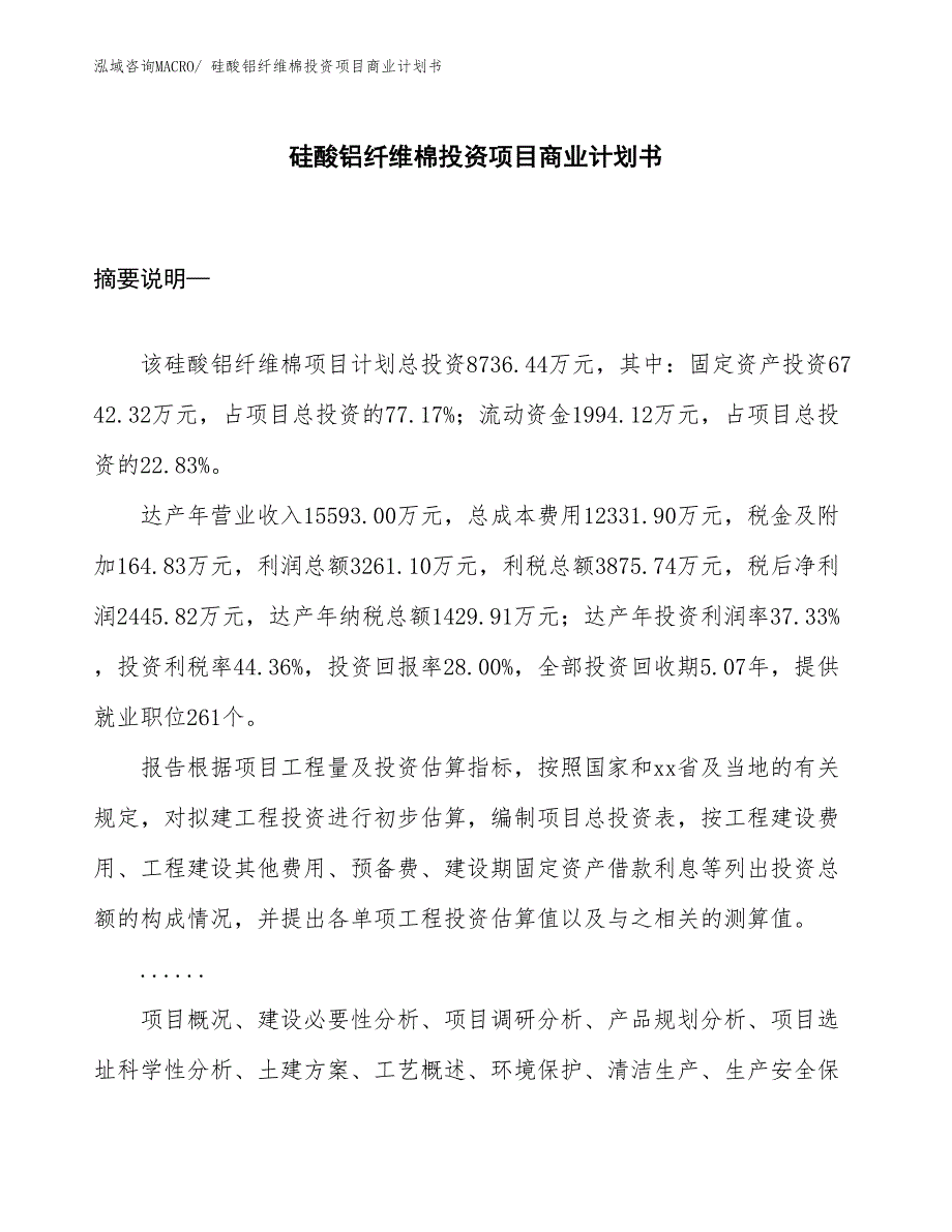 （汇报资料）硅酸铝纤维棉投资项目商业计划书_第1页