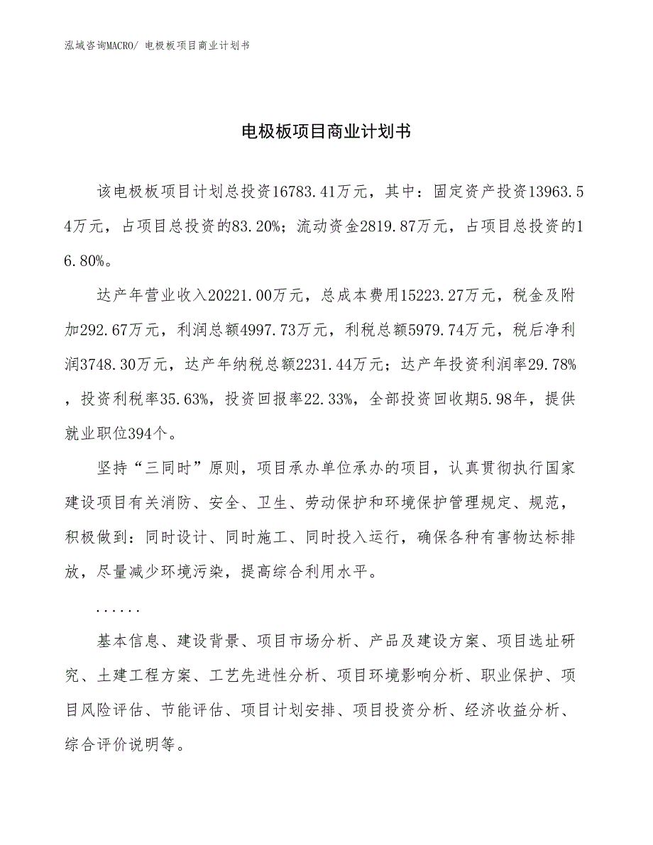 （项目计划）电极板项目商业计划书_第1页