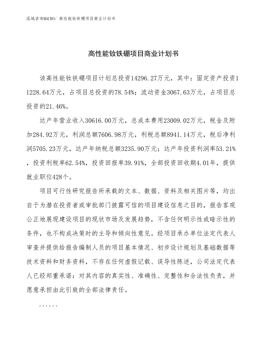 （融资）高性能钕铁硼项目商业计划书_第1页