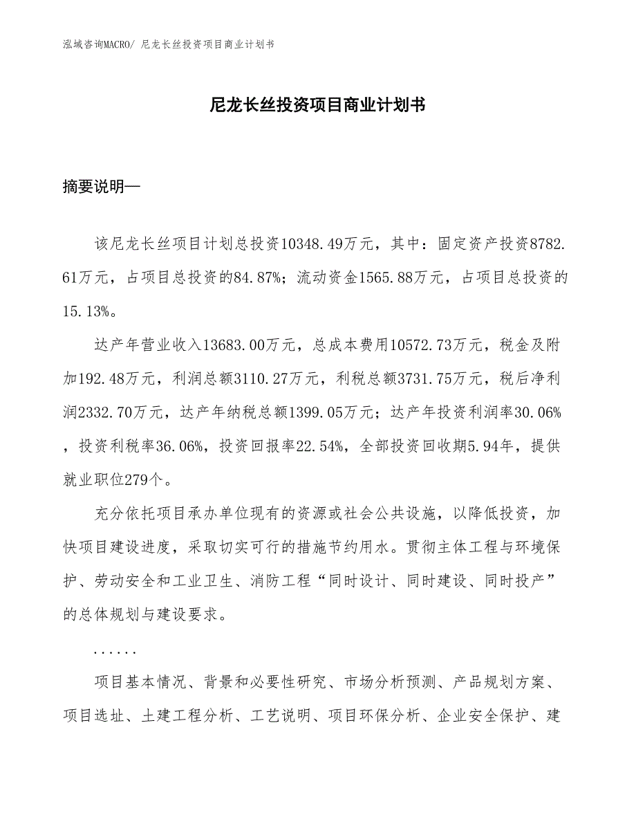 （申请资料）尼龙长丝投资项目商业计划书_第1页