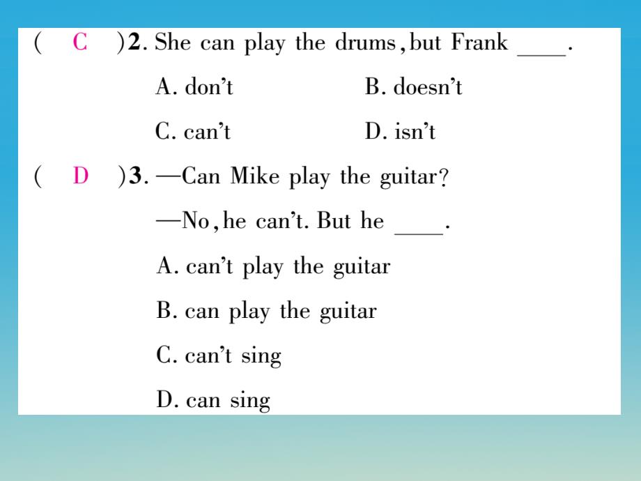 2018年春七年级英语下册 unit 1 can you play the guitar（第3课时）section b（1a-1f）习题课件 （新版）人教新目标版_第3页