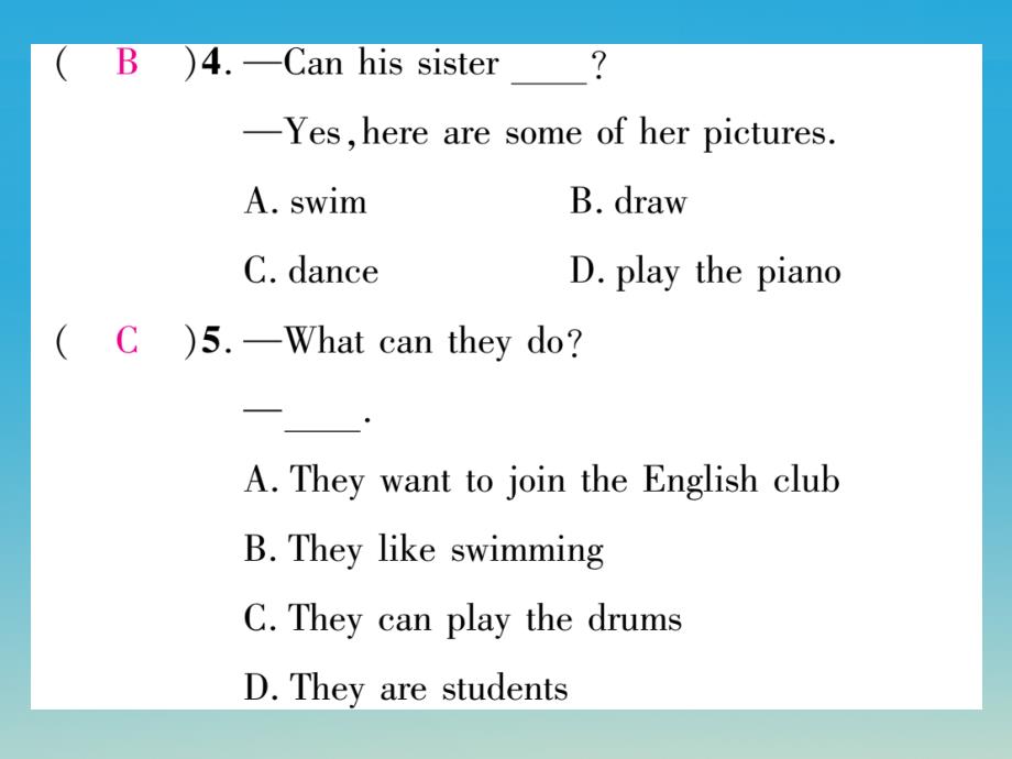 2018年春七年级英语下册 unit 1 can you play the guitar（第3课时）section b（1a-1f）习题课件 （新版）人教新目标版_第4页