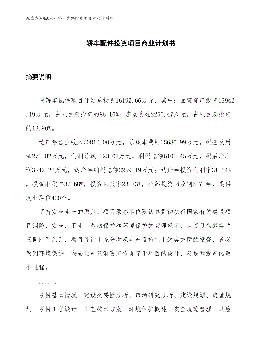 （准备资料）轿车配件投资项目商业计划书_第1页