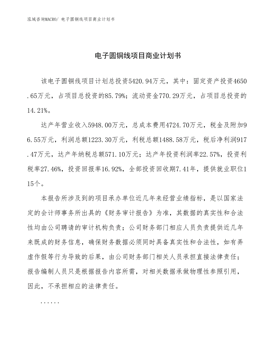 （项目计划）电子圆铜线项目商业计划书_第1页