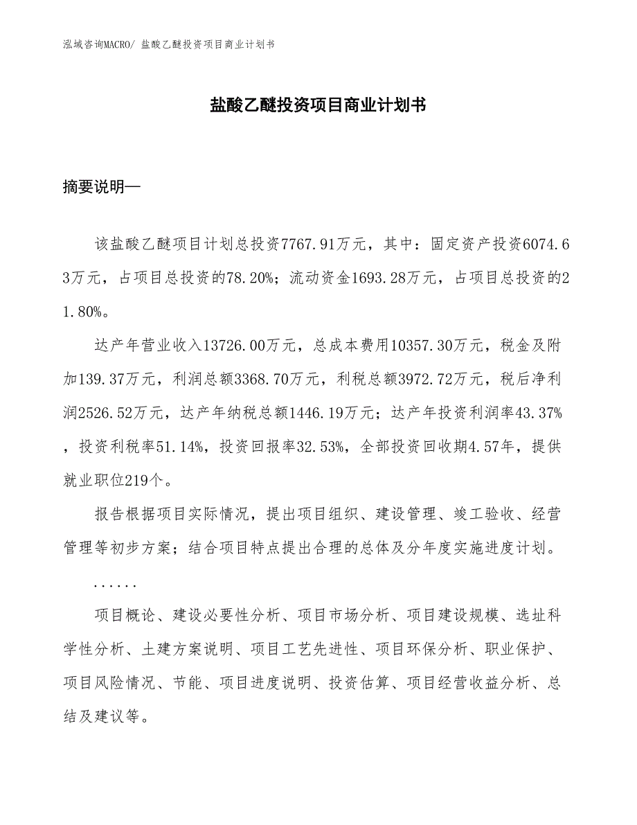 （参考）盐酸乙醚投资项目商业计划书_第1页