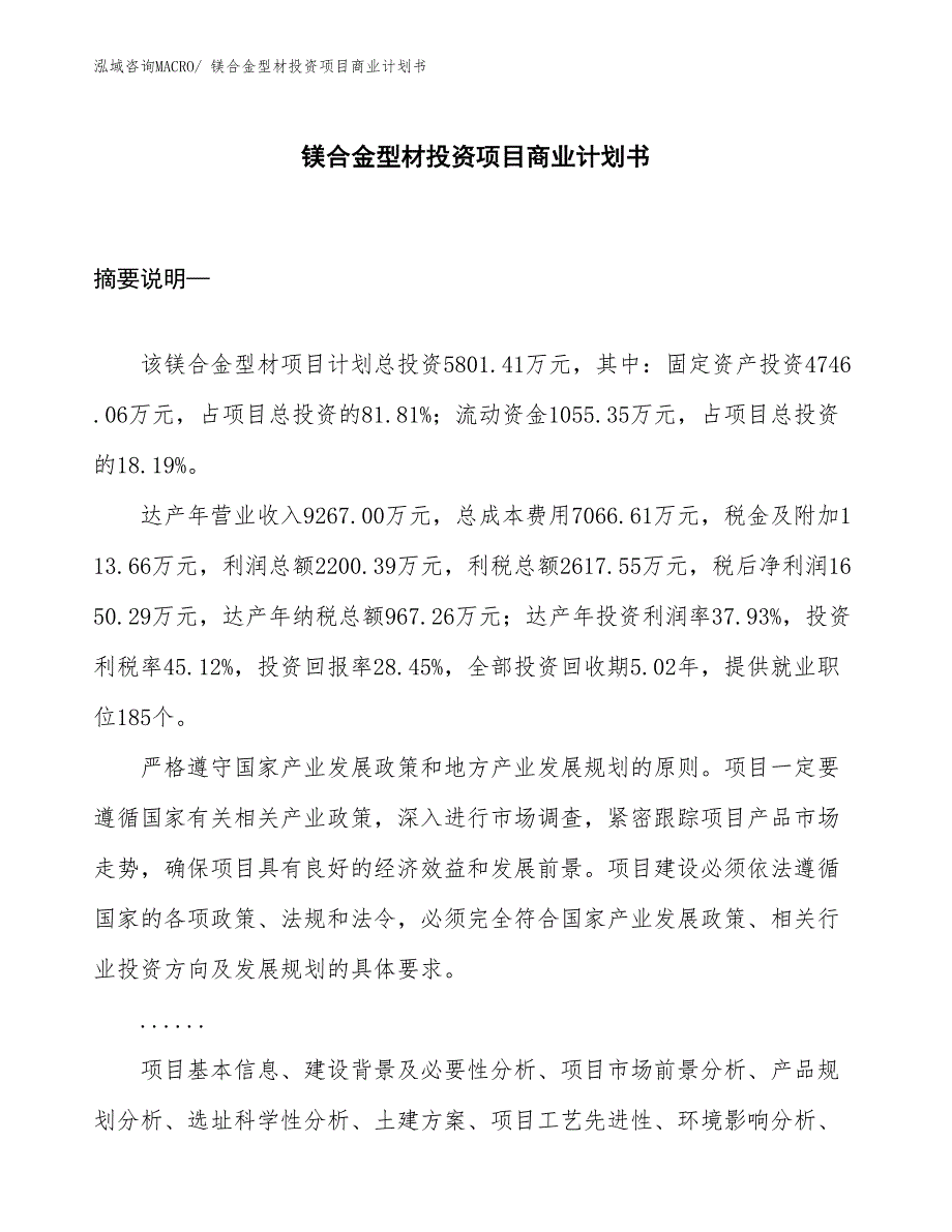 （模板）镁合金型材投资项目商业计划书_第1页