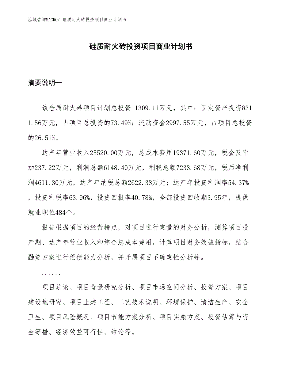 （准备资料）硅质耐火砖投资项目商业计划书_第1页