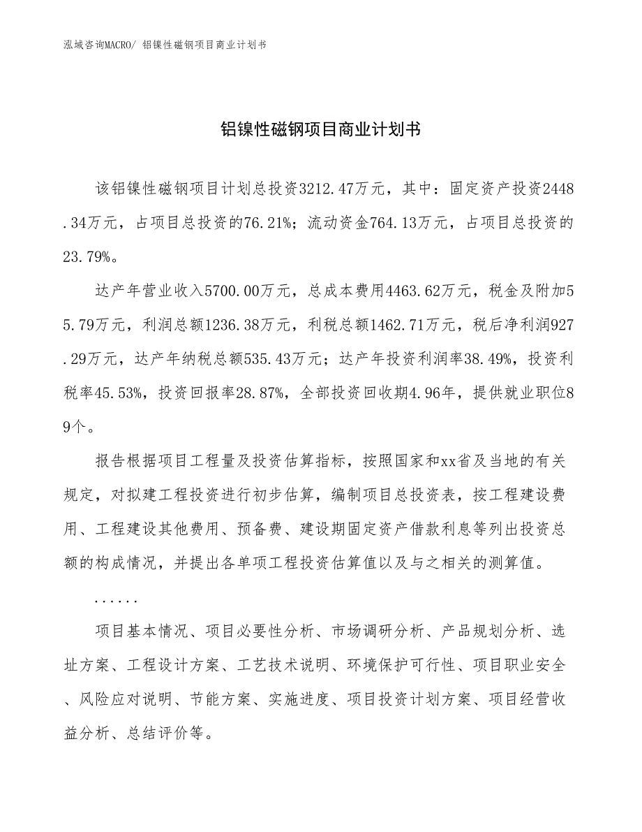 （项目计划）铝镍性磁钢项目商业计划书_第1页