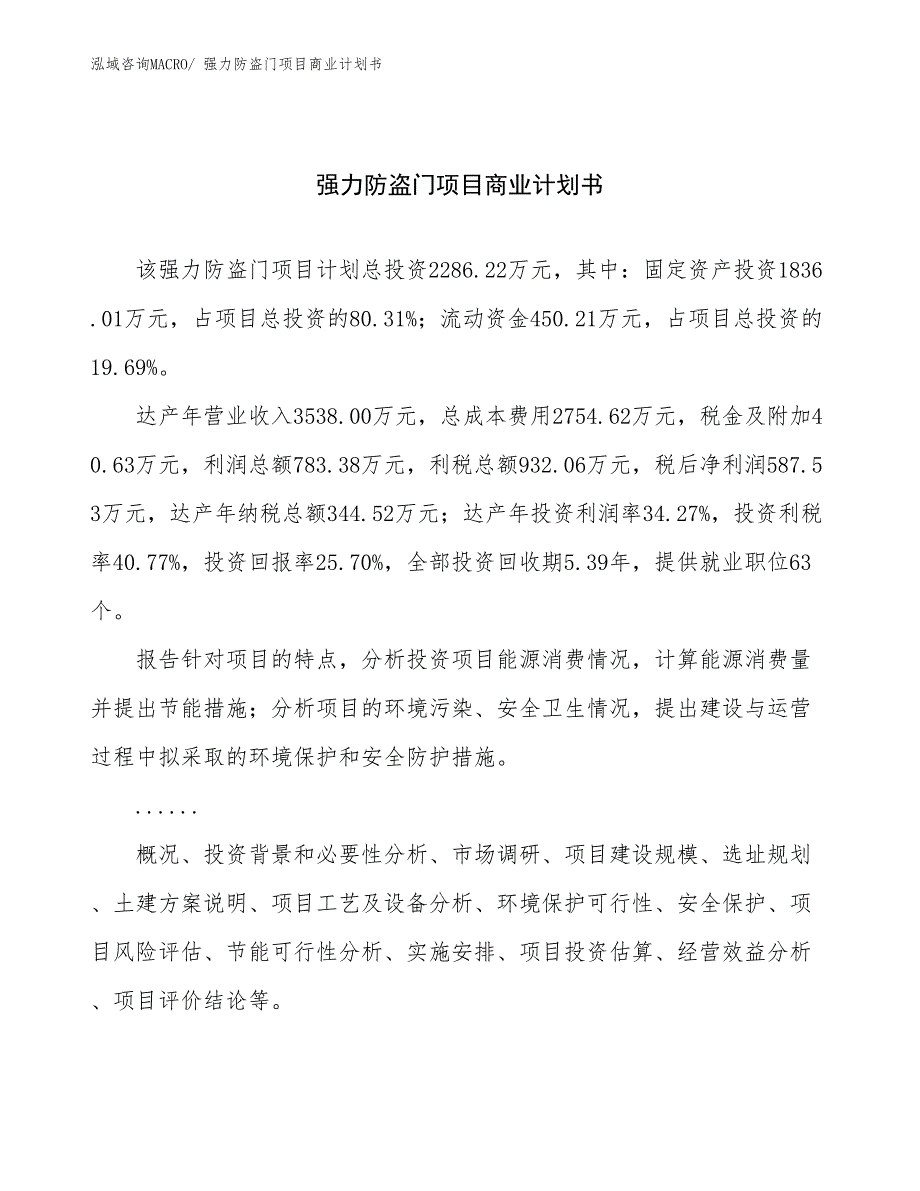 （项目计划）强力防盗门项目商业计划书_第1页