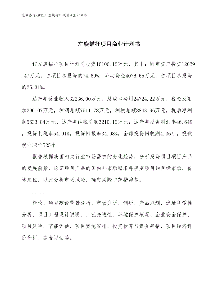 （项目计划）左旋锚杆项目商业计划书_第1页