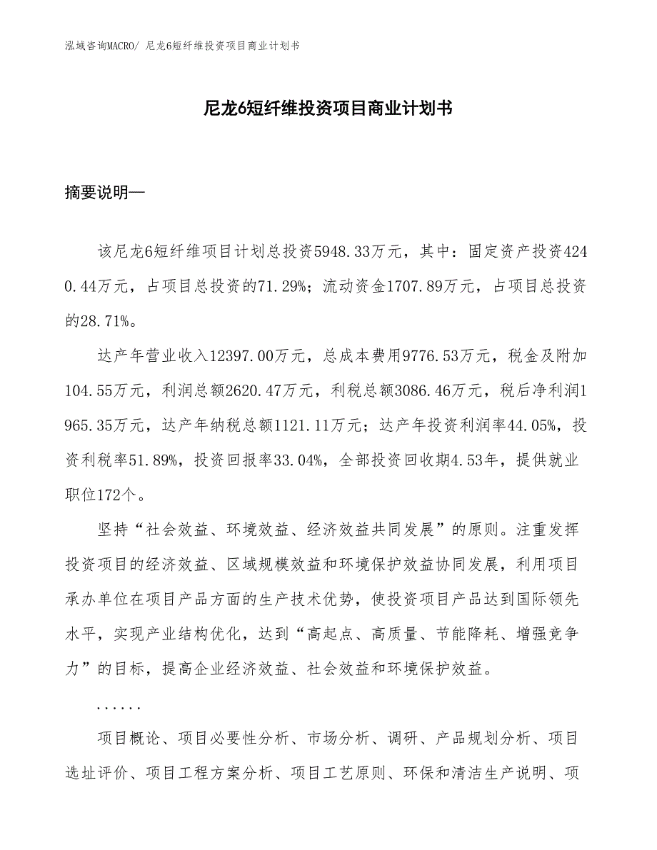 （模板）尼龙6短纤维投资项目商业计划书_第1页