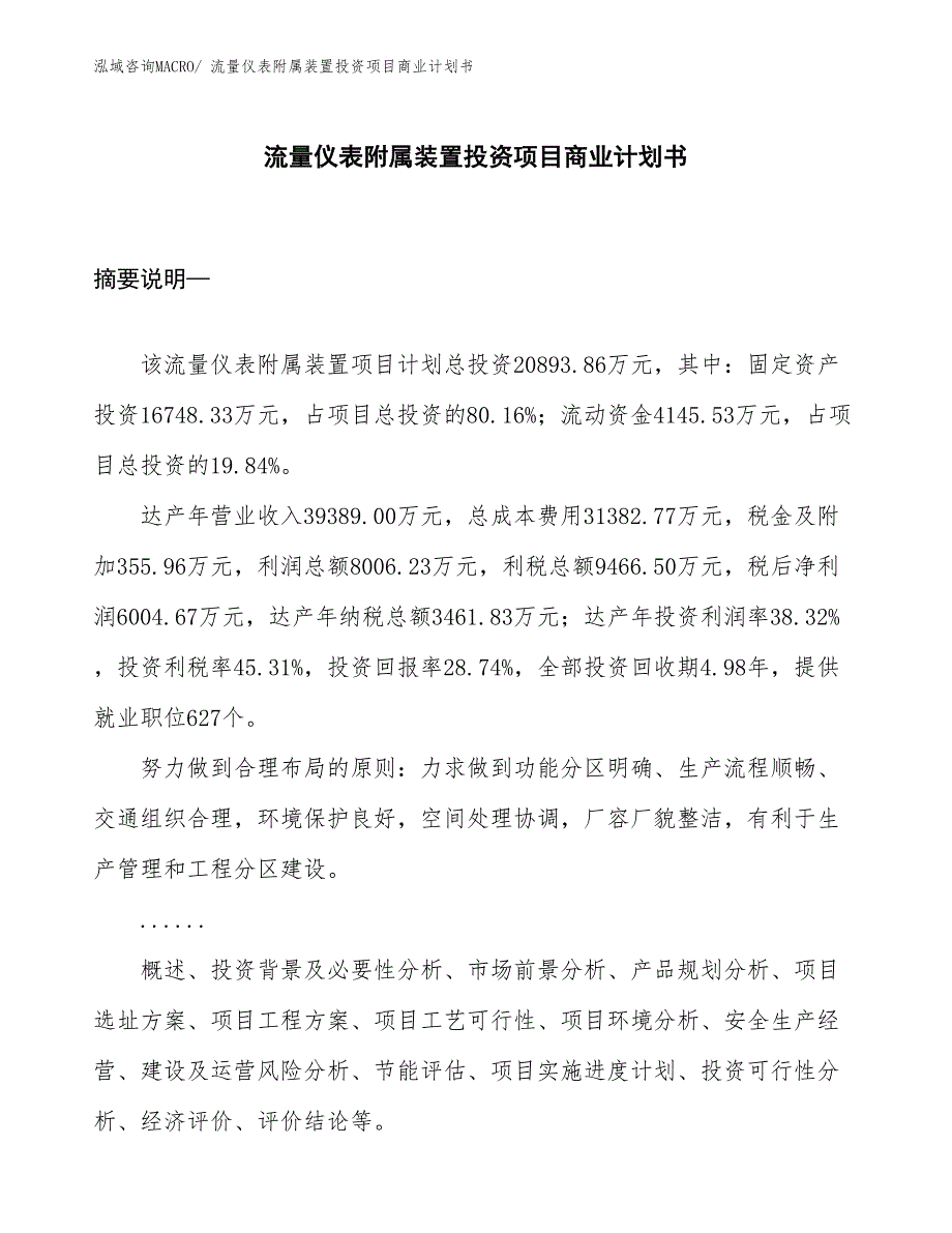 （模板）流量仪表附属装置投资项目商业计划书_第1页