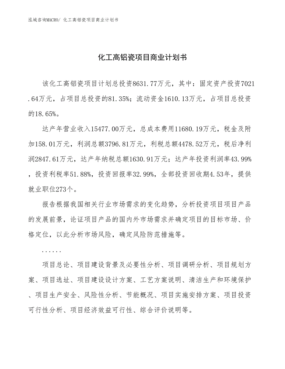 （融资）化工高铝瓷项目商业计划书_第1页