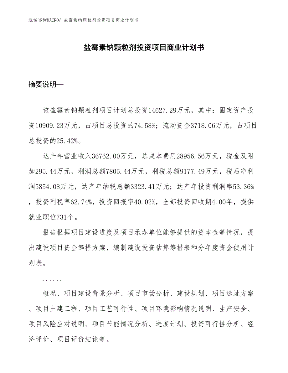 （汇报资料）盐霉素钠颗粒剂投资项目商业计划书_第1页